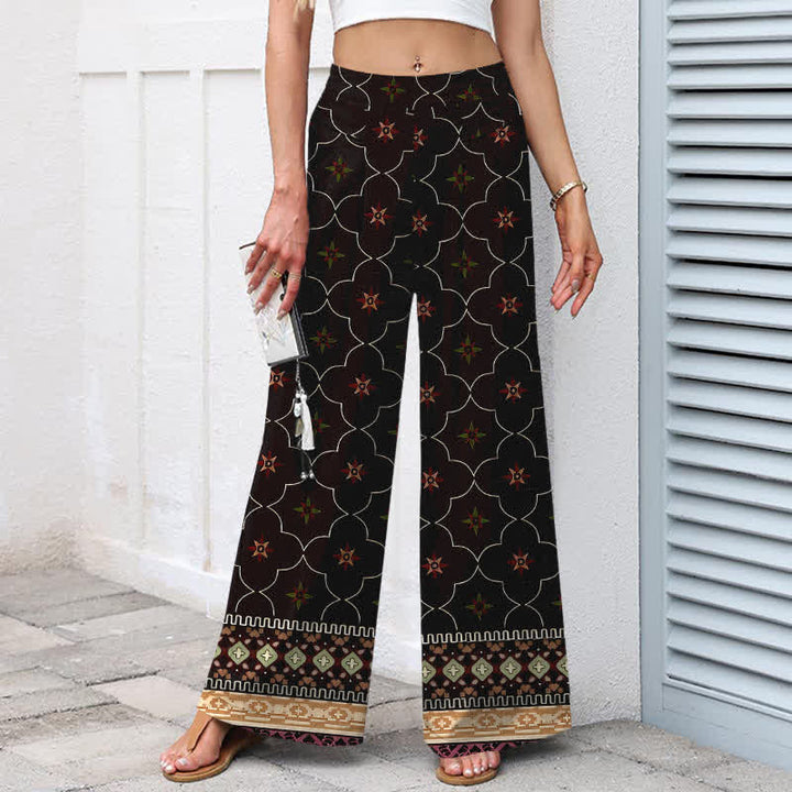 Buddha Stones Pantalones de mujer de algodón y lino con estampado bohemio geométrico de líneas florales, cintura elástica y pernera ancha con bolsillos. - image 5