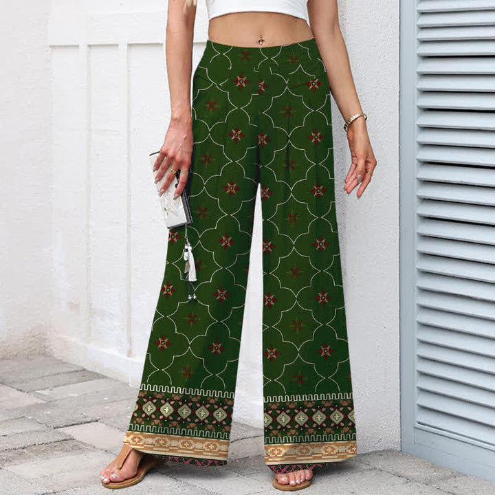 Buddha Stones Pantalones de mujer de algodón y lino con estampado bohemio geométrico de líneas florales, cintura elástica y pernera ancha con bolsillos. - image 7