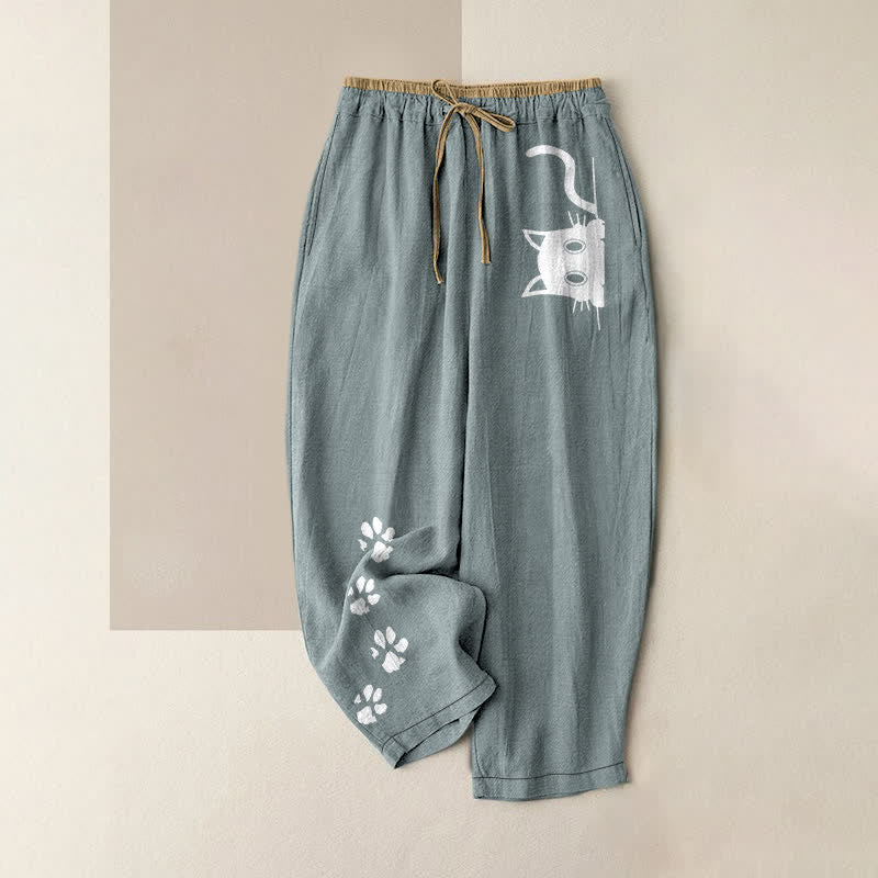 Buddha Stones Pantalones de mujer de algodón puro con estampado de huellas de gato y cintura elástica con bolsillos. - Azul claro - US16，UK/AU20，EU48 (3XL) - image 4