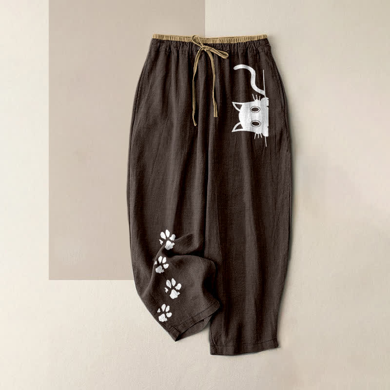 Buddha Stones Pantalones de mujer de algodón puro con estampado de huellas de gato y cintura elástica con bolsillos. - Marrón silla de montar - US16，UK/AU20，EU48 (3XL) - image 8