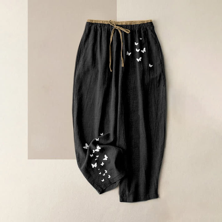 Buddha Stones Pantalones de mujer de algodón puro con estampado de mariposas blancas, cintura elástica y bolsillos. - Negro - US16，UK/AU20，EU48 (3XL) - image 4