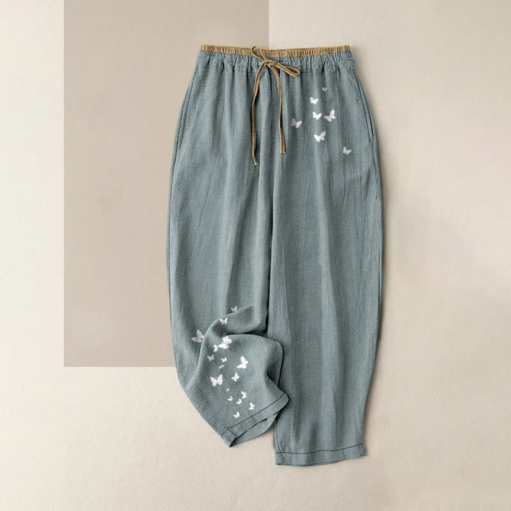 Buddha Stones Pantalones de mujer de algodón puro con estampado de mariposas blancas, cintura elástica y bolsillos. - Azul claro - US16，UK/AU20，EU48 (3XL) - image 0