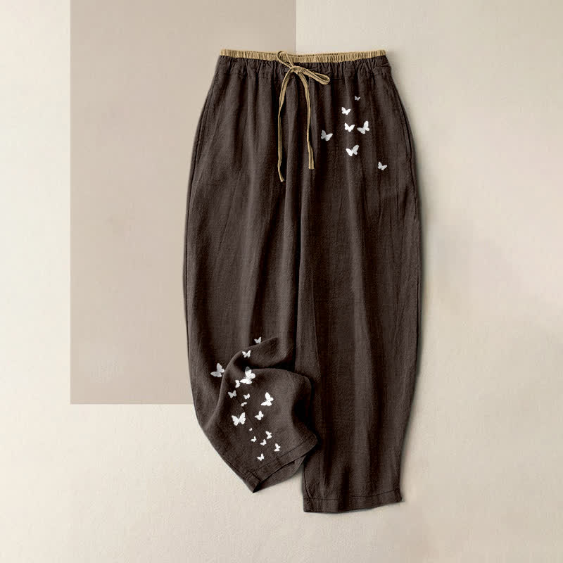 Buddha Stones Pantalones de mujer de algodón puro con estampado de mariposas blancas, cintura elástica y bolsillos. - Marrón silla de montar - US16，UK/AU20，EU48 (3XL) - image 8