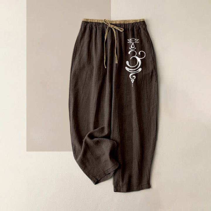 Buddha Stones Pantalones de mujer de algodón puro con estampado de loto sagrado Om y cintura elástica con bolsillos. - Marrón silla de montar - US16，UK/AU20，EU48 (3XL) - image 0