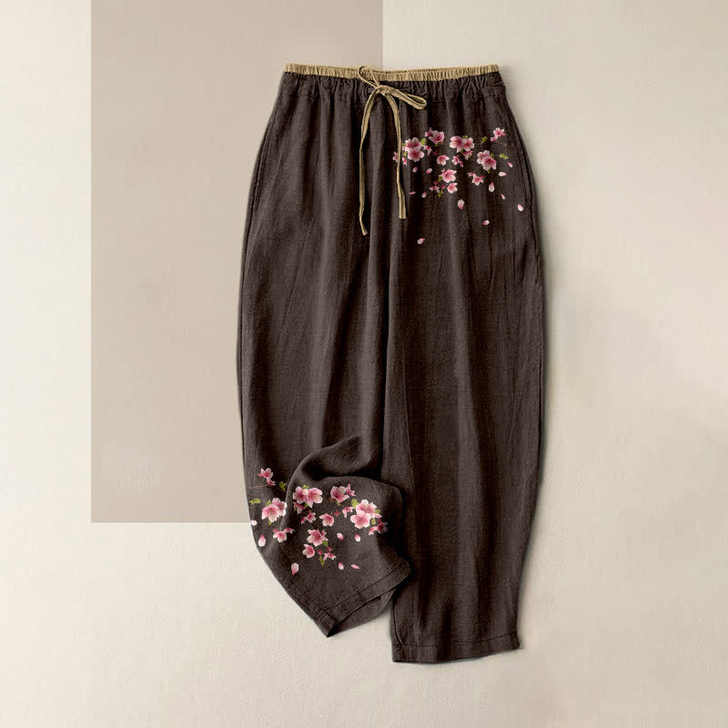 Buddha Stones Pantalones de mujer de algodón puro con estampado de flores rosas, cintura elástica y bolsillos. - Marrón silla de montar - US16，UK/AU20，EU48 (3XL) - image 8
