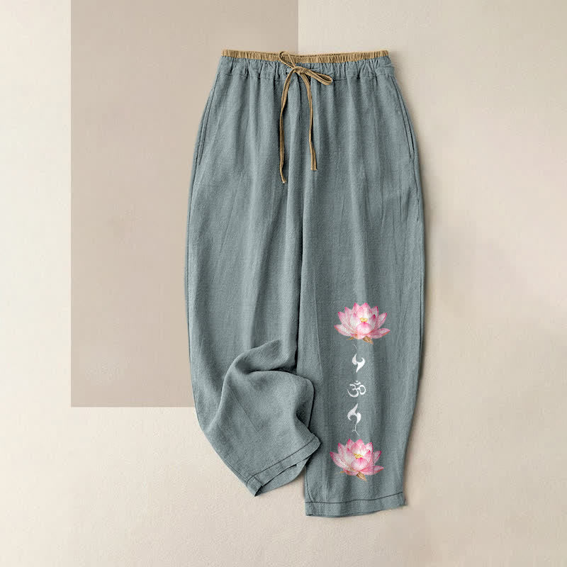 Buddha Stones Pantalones de mujer de algodón puro con estampado de loto rosa OM Zen, cintura elástica y bolsillos. - Azul claro - US16，UK/AU20，EU48 (3XL) - image 0