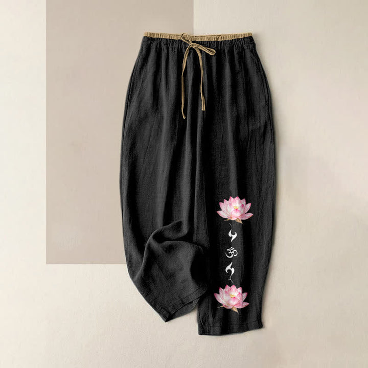 Buddha Stones Pantalones de mujer de algodón puro con estampado de loto rosa OM Zen, cintura elástica y bolsillos. - Negro - US16，UK/AU20，EU48 (3XL) - image 4