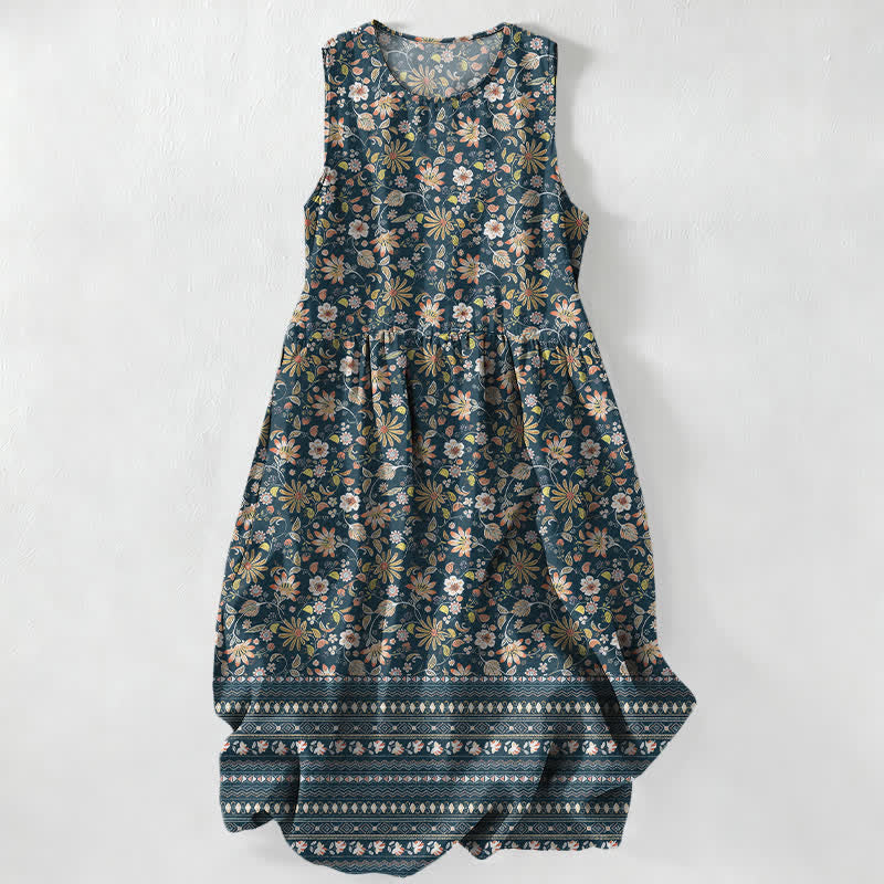 Buddha Stones Vestido midi de verano informal vintage para mujer con estampado floral, hojas y rayas, sin mangas y con bolsillos. - Azul acero - US16，UK/AU20，EU48 (3XL) - image 0