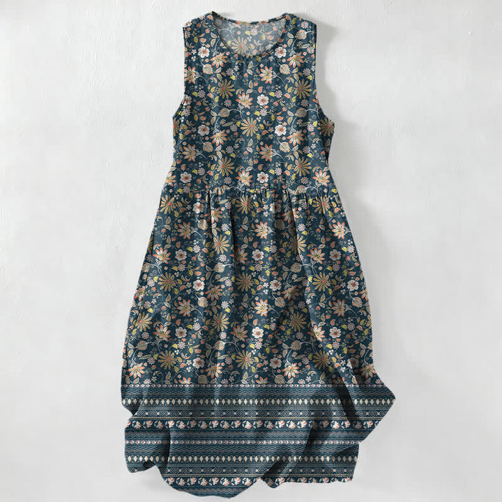 Buddha Stones Vestido midi de verano informal vintage para mujer con estampado floral, hojas y rayas, sin mangas y con bolsillos. - Azul acero - US16，UK/AU20，EU48 (3XL) - image 0