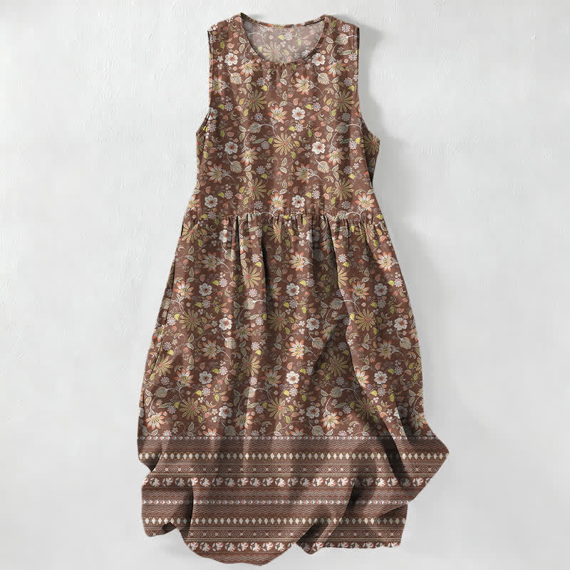 Buddha Stones Vestido midi de verano informal vintage para mujer con estampado floral, hojas y rayas, sin mangas y con bolsillos. - Tierra de siena - US16，UK/AU20，EU48 (3XL) - image 4