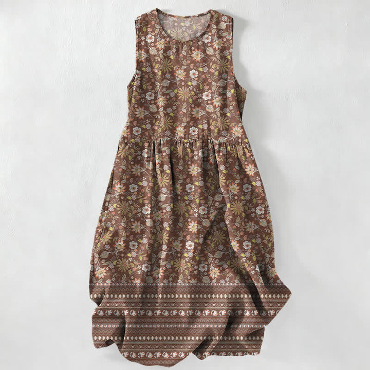 Buddha Stones Vestido midi de verano informal vintage para mujer con estampado floral, hojas y rayas, sin mangas y con bolsillos. - Tierra de siena - US16，UK/AU20，EU48 (3XL) - image 4