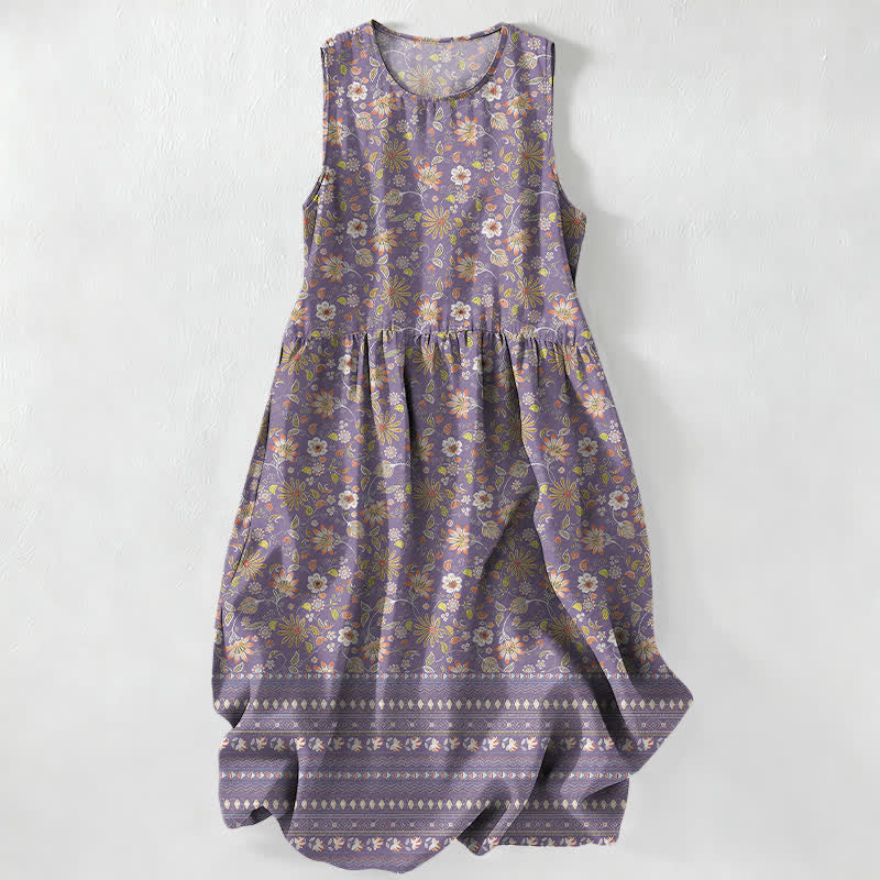 Buddha Stones Vestido midi de verano informal vintage para mujer con estampado floral, hojas y rayas, sin mangas y con bolsillos. - Morado medio - US16，UK/AU20，EU48 (3XL) - image 5