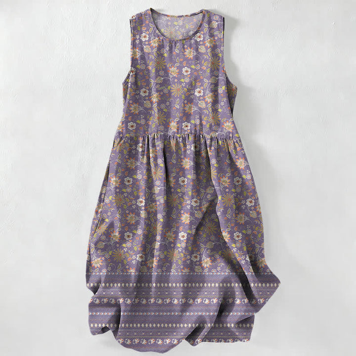Buddha Stones Vestido midi de verano informal vintage para mujer con estampado floral, hojas y rayas, sin mangas y con bolsillos. - Morado medio - US16，UK/AU20，EU48 (3XL) - image 5