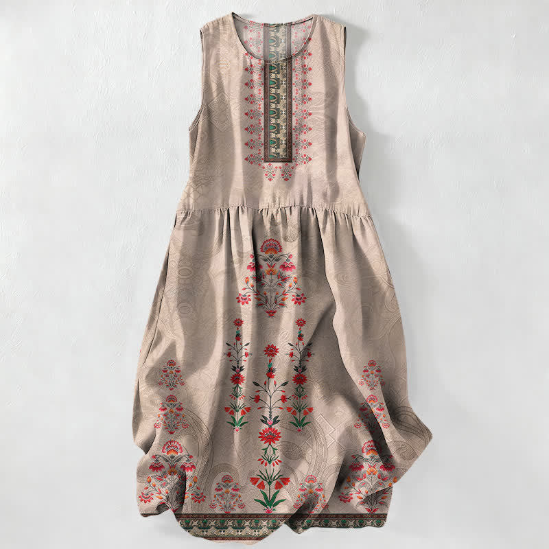 Buddha Stones Vestido midi de verano informal vintage con estampado geométrico geométrico pequeño y estampado floral rojo para mujer, sin mangas y con bolsillos. - Broncearse - US16，UK/AU20，EU48 (3XL) - image 0