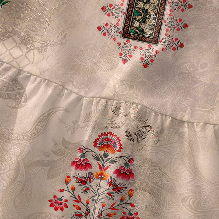 Buddha Stones Vestido midi de verano informal vintage con estampado geométrico geométrico pequeño y estampado floral rojo para mujer, sin mangas y con bolsillos. - image 1