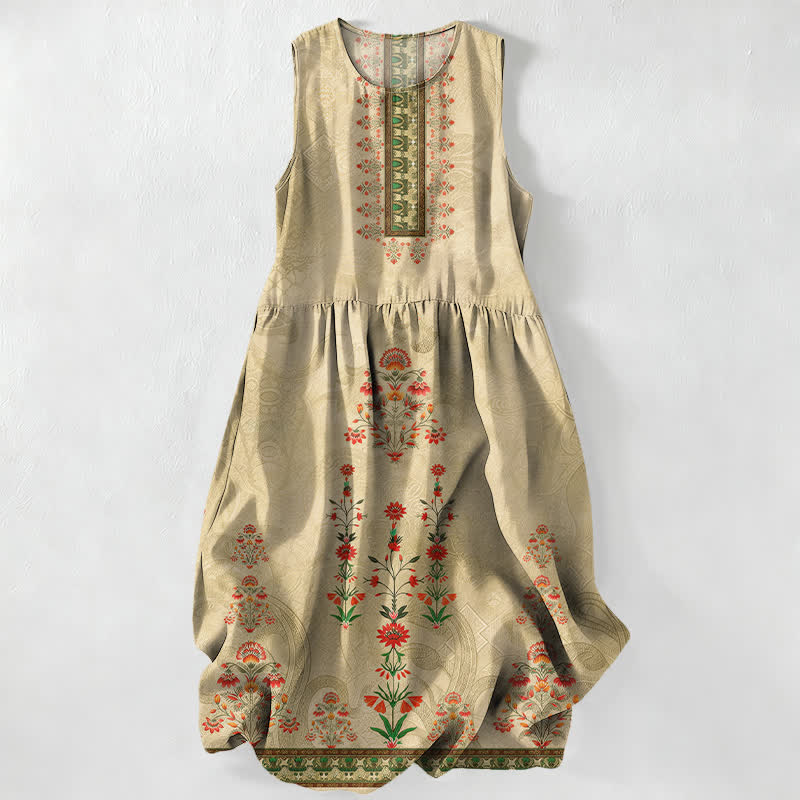 Buddha Stones Vestido midi de verano informal vintage con estampado geométrico geométrico pequeño y estampado floral rojo para mujer, sin mangas y con bolsillos. - vara de oro pálida - US16，UK/AU20，EU48 (3XL) - image 4