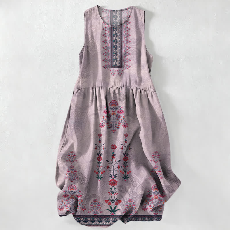 Buddha Stones Vestido midi de verano informal vintage con estampado geométrico geométrico pequeño y estampado floral rojo para mujer, sin mangas y con bolsillos. - Cardo - US16，UK/AU20，EU48 (3XL) - image 5