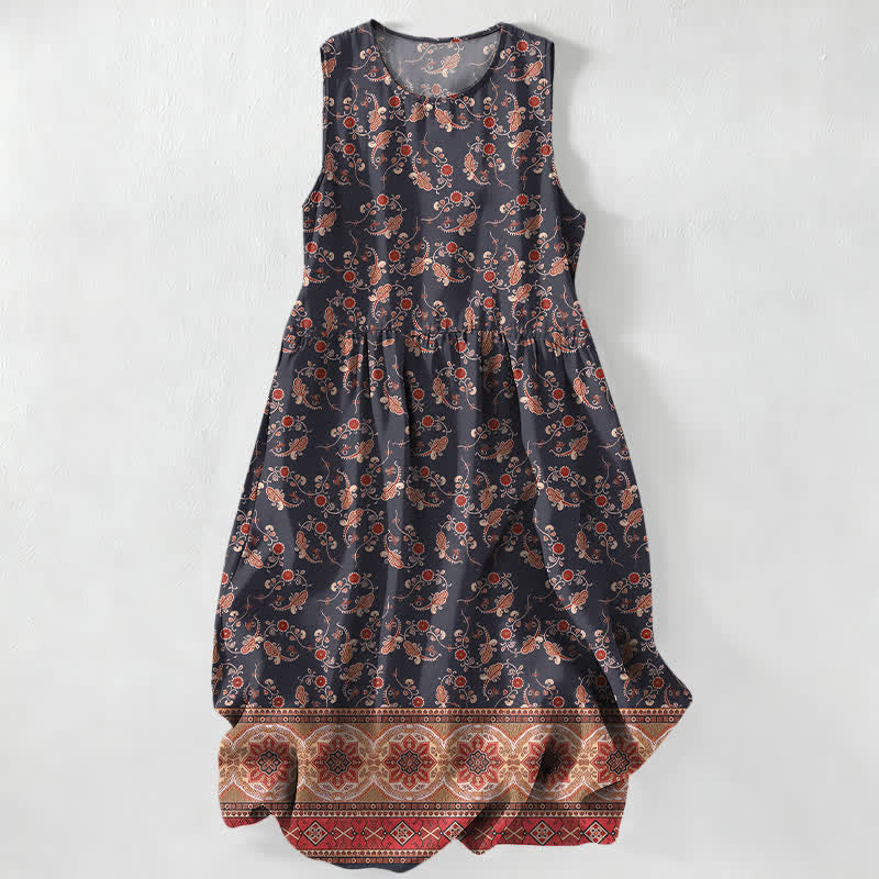 Buddha Stones Vestido midi de verano informal vintage para mujer con estampado floral y borde, sin mangas y con bolsillos. - Negro - US16，UK/AU20，EU48 (3XL) - image 0
