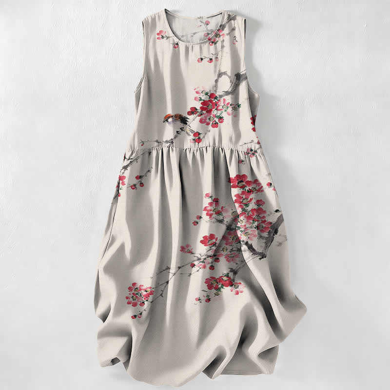 Buddha Stones Vestido midi de verano informal para mujer con estampado de ramas de flores rosas y bolsillos. - Beige - US16，UK/AU20，EU48 (3XL) - image 0