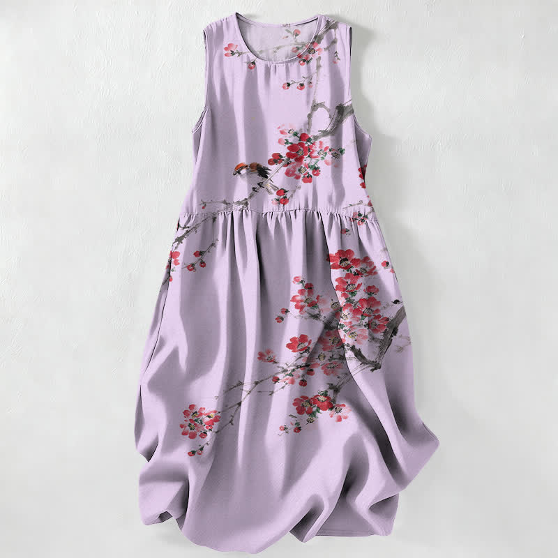 Buddha Stones Vestido midi de verano informal para mujer con estampado de ramas de flores rosas y bolsillos. - Cardo - US16，UK/AU20，EU48 (3XL) - image 4