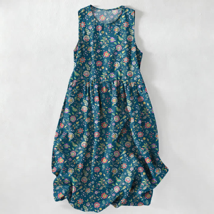 Buddha Stones Vestido midi de verano informal vintage con estampado de hojas y flores silvestres para mujer, sin mangas y con bolsillos. - Azul acero - US16，UK/AU20，EU48 (3XL) - image 0