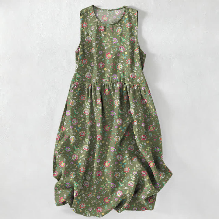 Buddha Stones Vestido midi de verano informal vintage con estampado de hojas y flores silvestres para mujer, sin mangas y con bolsillos. - Verde oliva oscuro - US16，UK/AU20，EU48 (3XL) - image 4