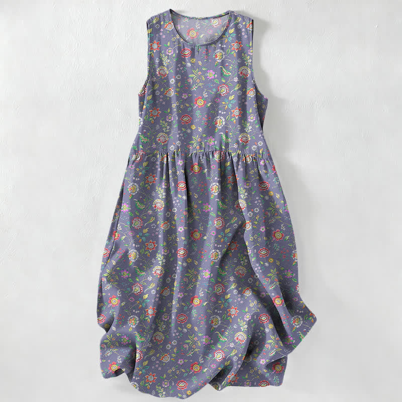 Buddha Stones Vestido midi de verano informal vintage con estampado de hojas y flores silvestres para mujer, sin mangas y con bolsillos. - Morado medio - US16，UK/AU20，EU48 (3XL) - image 5