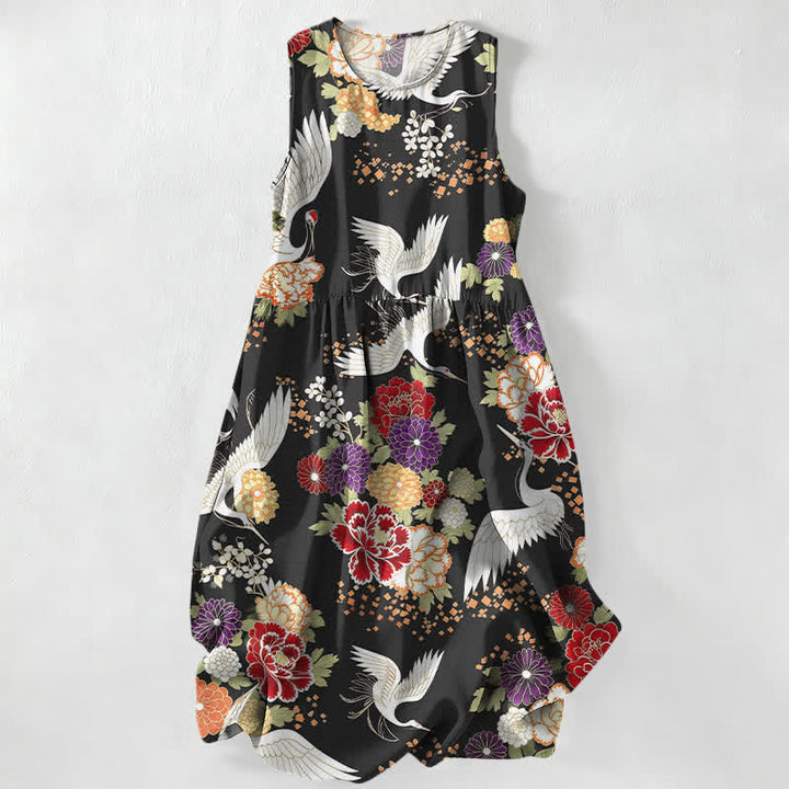 Buddha Stones Vestido midi de verano informal vintage con estampado floral de grullas para mujer, sin mangas y con bolsillos. - Negro - US16，UK/AU20，EU48 (3XL) - image 0