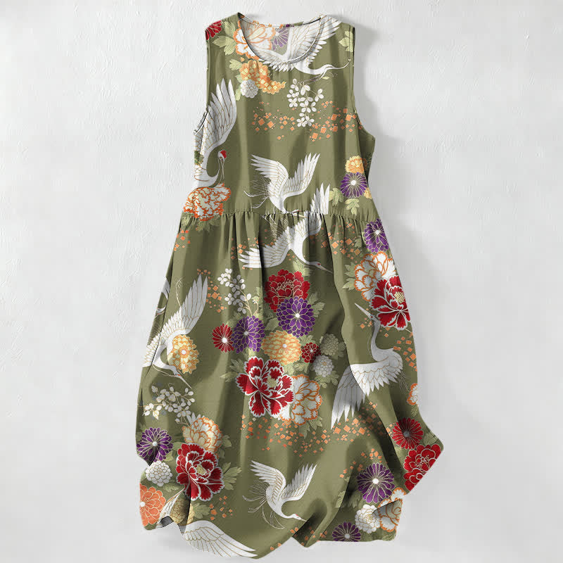 Buddha Stones Vestido midi de verano informal vintage con estampado floral de grullas para mujer, sin mangas y con bolsillos. - Verde oliva - US16，UK/AU20，EU48 (3XL) - image 4