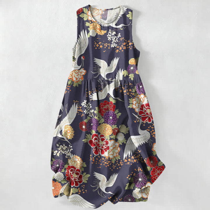 Buddha Stones Vestido midi de verano informal vintage con estampado floral de grullas para mujer, sin mangas y con bolsillos. - Azul pizarra oscuro - US16，UK/AU20，EU48 (3XL) - image 5