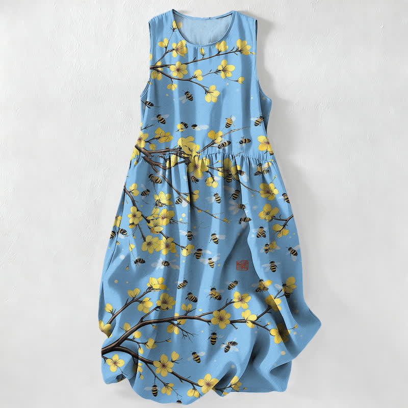 Buddha Stones Vestido midi de verano informal para mujer con estampado floral amarillo y diseño de ramas, sin mangas y con bolsillos. - Azul claro - US16，UK/AU20，EU48 (3XL) - image 5