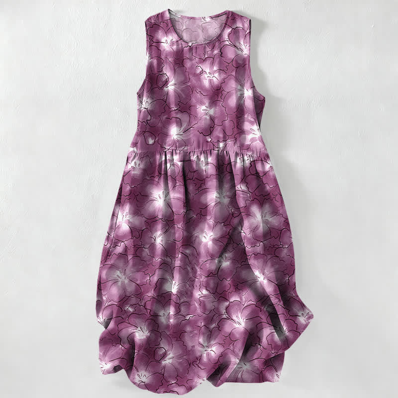 Buddha Stones Vestido midi de verano informal blanco con estampado floral de pétalos y bolsillos para mujer. - Orquídea mediana - US16，UK/AU20，EU48 (3XL) - image 4