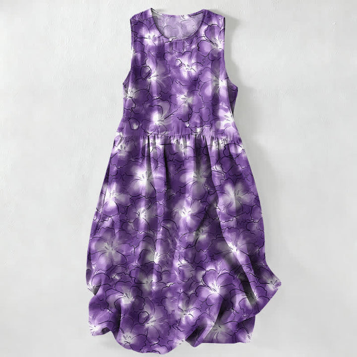 Buddha Stones Vestido midi de verano informal blanco con estampado floral de pétalos y bolsillos para mujer. - Morado medio - US16，UK/AU20，EU48 (3XL) - image 5