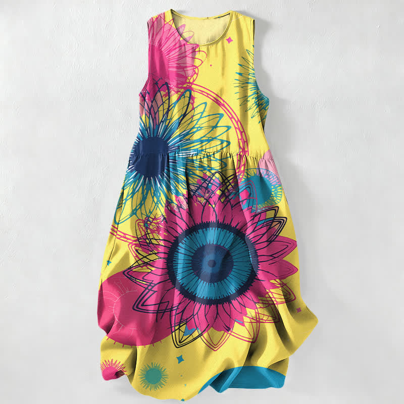 Buddha Stones Vestido midi sin mangas para mujer, estilo casual de verano, con estampado floral de grandes girasoles y bolsillos. - Amarillo - US16，UK/AU20，EU48 (3XL) - image 0