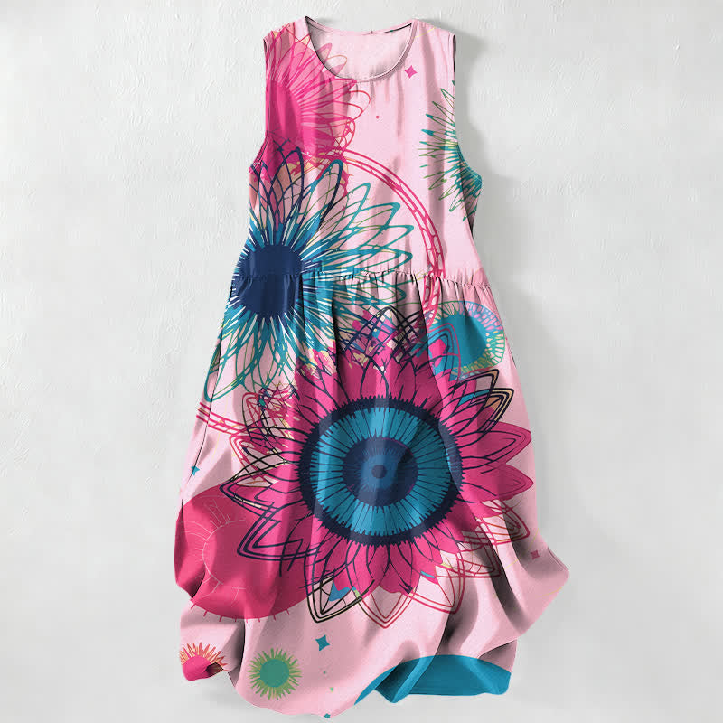 Buddha Stones Vestido midi sin mangas para mujer, estilo casual de verano, con estampado floral de grandes girasoles y bolsillos. - rosa claro - US16，UK/AU20，EU48 (3XL) - image 4