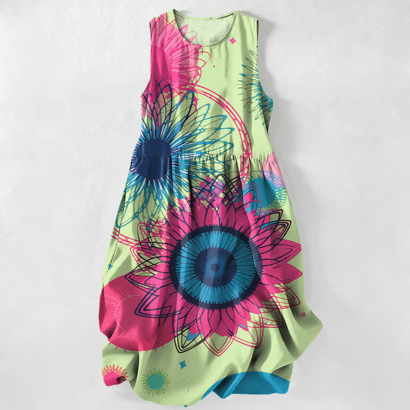 Buddha Stones Vestido midi sin mangas para mujer, estilo casual de verano, con estampado floral de grandes girasoles y bolsillos. - Verde pálido - US16，UK/AU20，EU48 (3XL) - image 5
