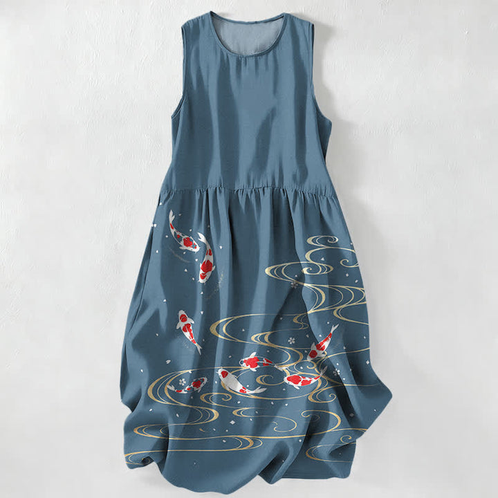 Buddha Stones Vestido midi de verano informal para mujer con estampado de ondas y peces koi, sin mangas y con bolsillos. - cian oscuro - US16，UK/AU20，EU48 (3XL) - image 5