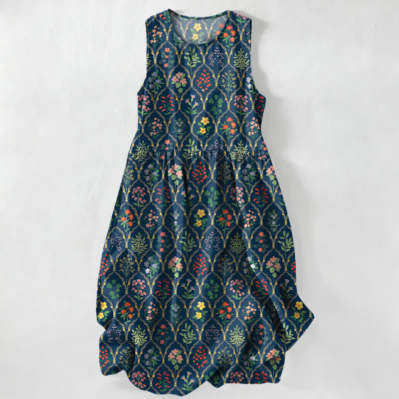Buddha Stones Vestido midi de verano informal para mujer con estampado floral de enredaderas de colores variados y bolsillos. - Azul medianoche - US16，UK/AU20，EU48 (3XL) - image 0