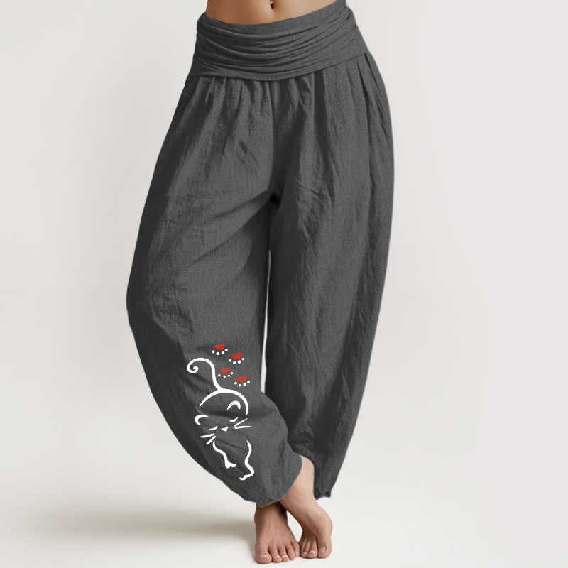 Buddha Stones Pantalones harem de mujer con cintura elástica y estampado de dibujos animados de gato, de algodón puro. - Gris oscuro - US16，UK/AU20，EU48 (3XL) - image 8