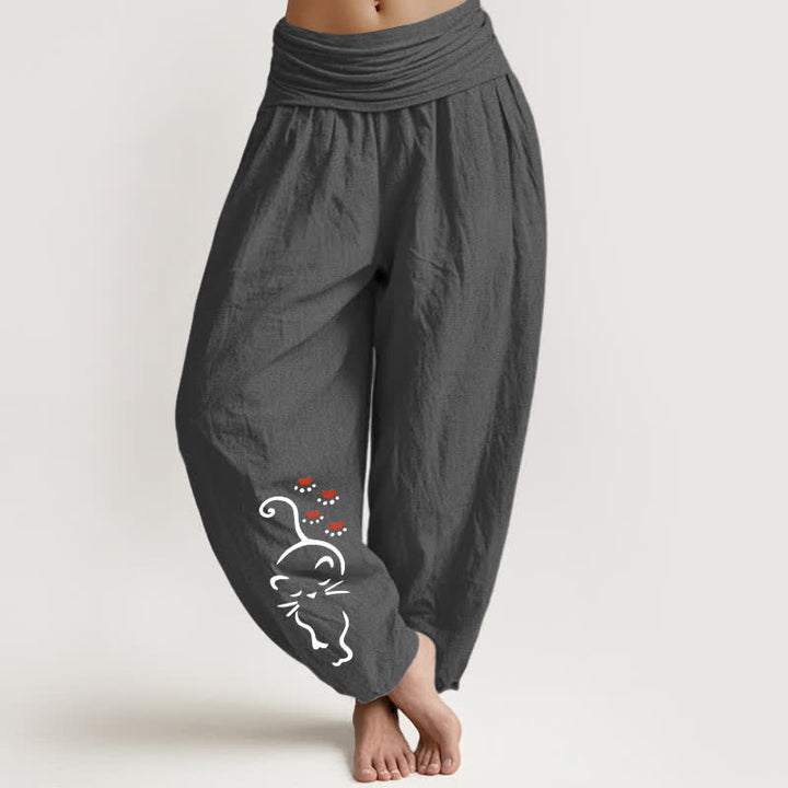 Buddha Stones Pantalones harem de mujer con cintura elástica y estampado de dibujos animados de gato, de algodón puro. - Gris oscuro - US16，UK/AU20，EU48 (3XL) - image 8