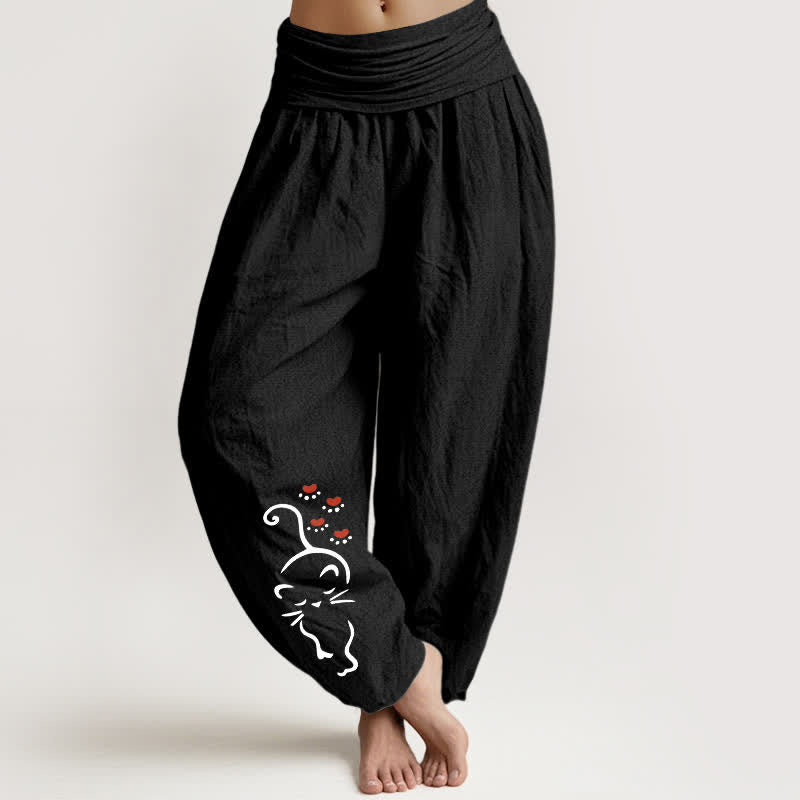 Buddha Stones Pantalones harem de mujer con cintura elástica y estampado de dibujos animados de gato, de algodón puro. - Negro - US16，UK/AU20，EU48 (3XL) - image 5