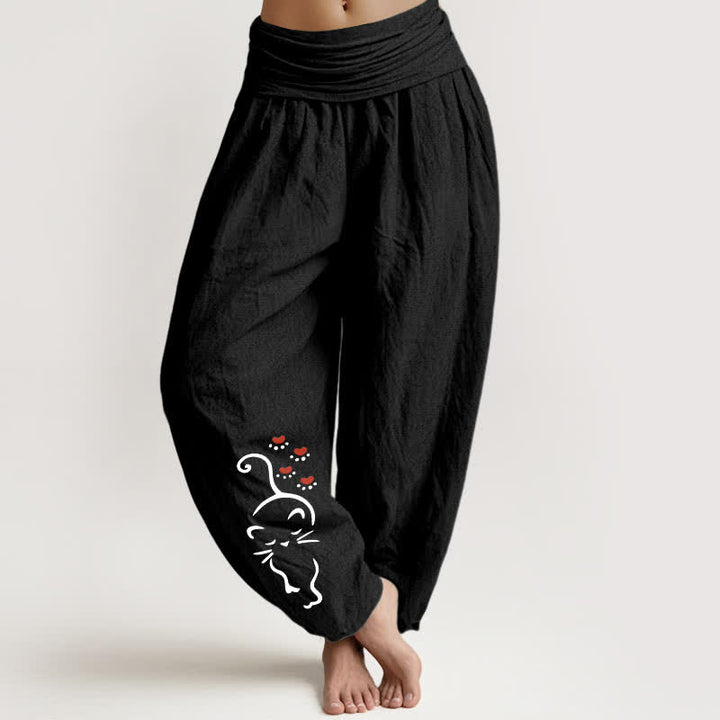 Buddha Stones Pantalones harem de mujer con cintura elástica y estampado de dibujos animados de gato, de algodón puro. - Negro - US16，UK/AU20，EU48 (3XL) - image 5