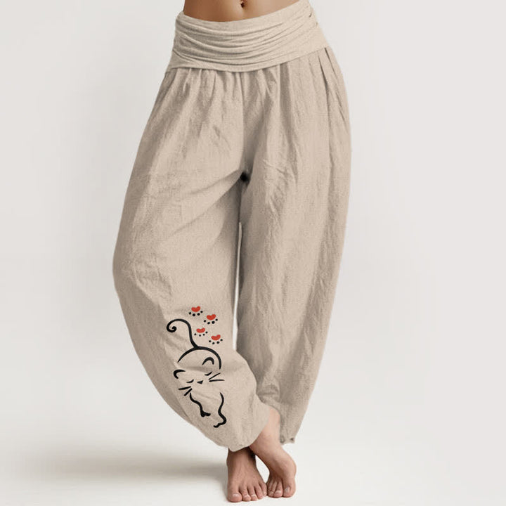 Buddha Stones Pantalones harem de mujer con cintura elástica y estampado de dibujos animados de gato, de algodón puro. - Broncearse - US16，UK/AU20，EU48 (3XL) - image 0