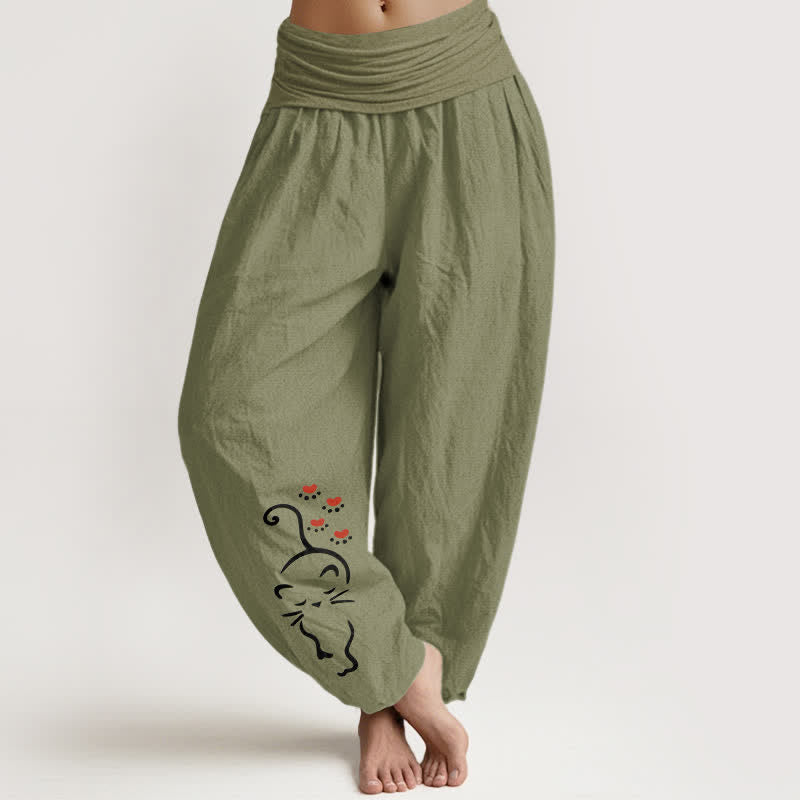 Buddha Stones Pantalones harem de mujer con cintura elástica y estampado de dibujos animados de gato, de algodón puro. - Verde oliva - US16，UK/AU20，EU48 (3XL) - image 14