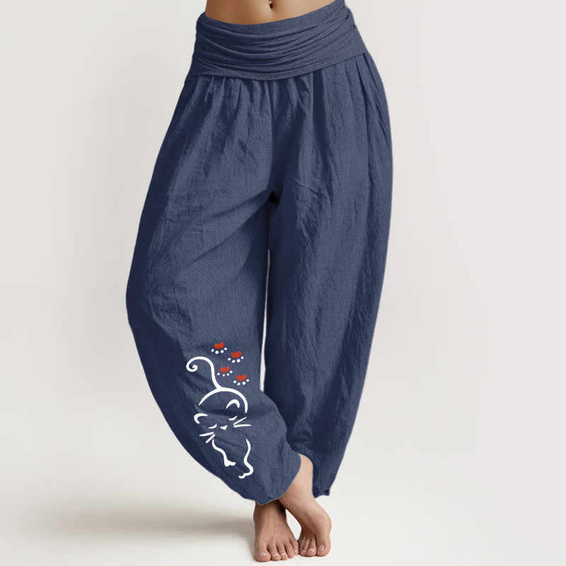 Buddha Stones Pantalones harem de mujer con cintura elástica y estampado de dibujos animados de gato, de algodón puro. - Azul pizarra oscuro - US16，UK/AU20，EU48 (3XL) - image 11