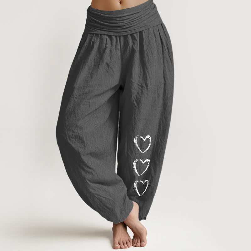 Buddha Stones Pantalones harem de algodón puro con estampado de tres corazones y cintura elástica para mujer. - Gris oscuro - US16，UK/AU20，EU48 (3XL) - image 8