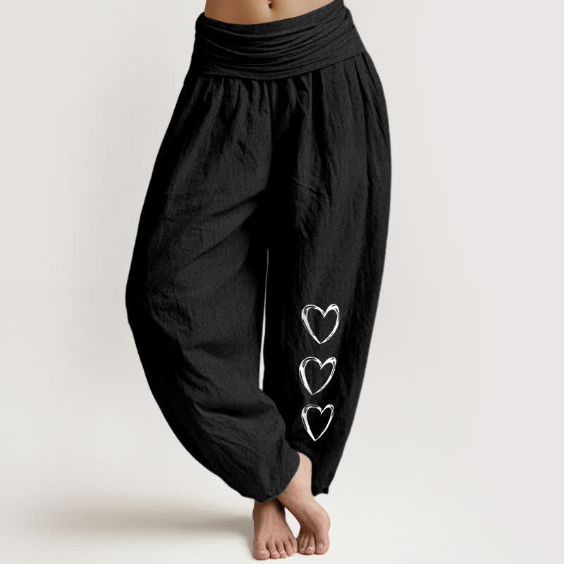 Buddha Stones Pantalones harem de algodón puro con estampado de tres corazones y cintura elástica para mujer. - Negro - US16，UK/AU20，EU48 (3XL) - image 0