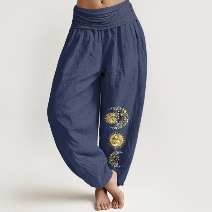 Buddha Stones Pantalones harem de algodón puro con estampado de sol y luna para mujer, cintura elástica. - Azul pizarra oscuro - US16，UK/AU20，EU48 (3XL) - image 5