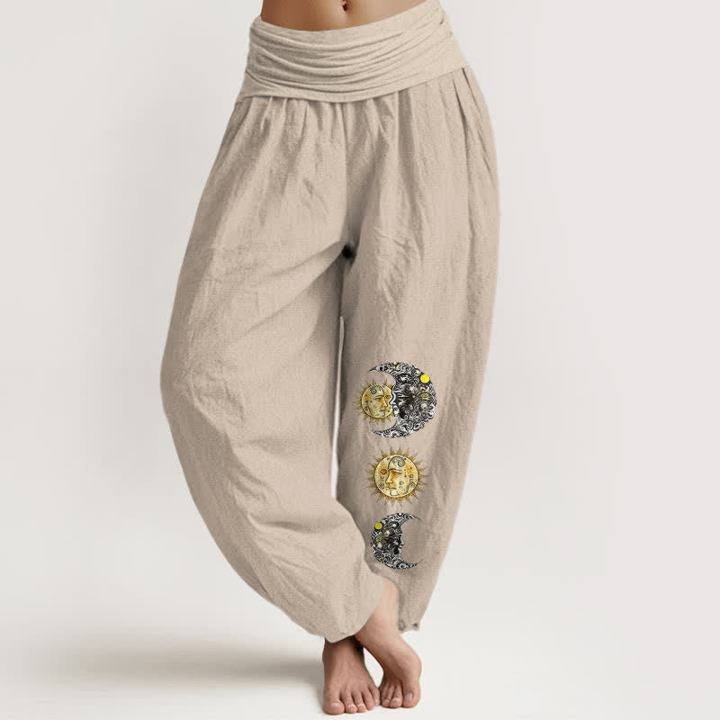 Buddha Stones Pantalones harem de algodón puro con estampado de sol y luna para mujer, cintura elástica. - Broncearse - US16，UK/AU20，EU48 (3XL) - image 14