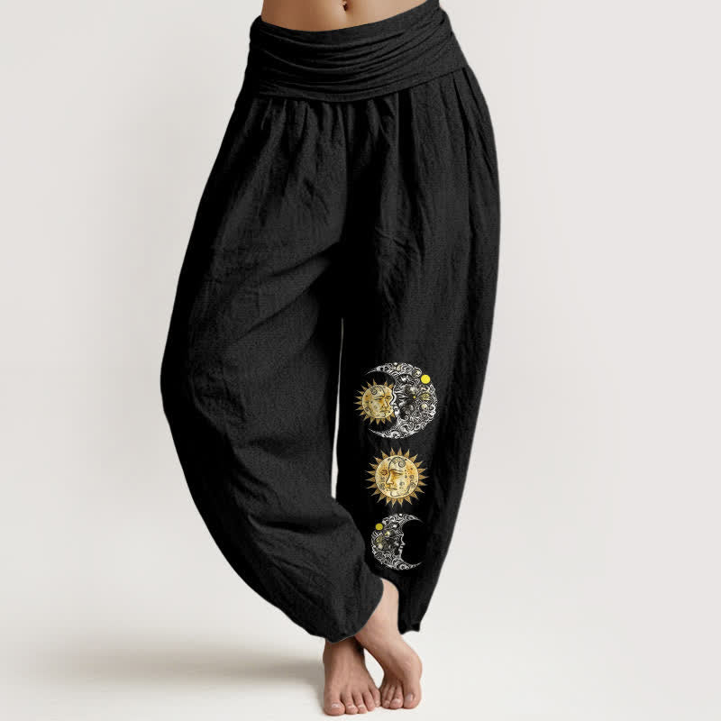 Buddha Stones Pantalones harem de algodón puro con estampado de sol y luna para mujer, cintura elástica. - Negro - US16，UK/AU20，EU48 (3XL) - image 0